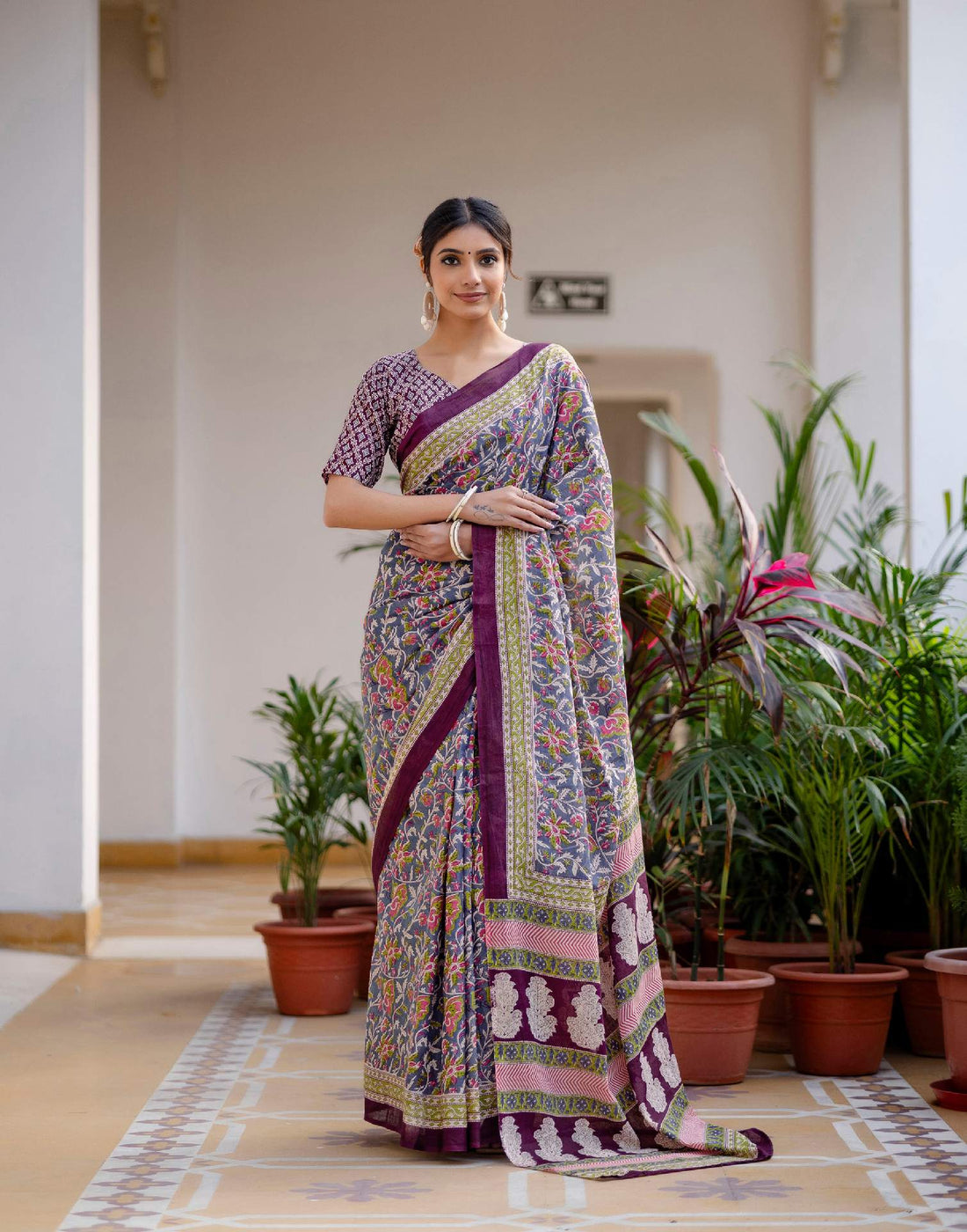 Ready To Wear Blue Cotton Printed Saree