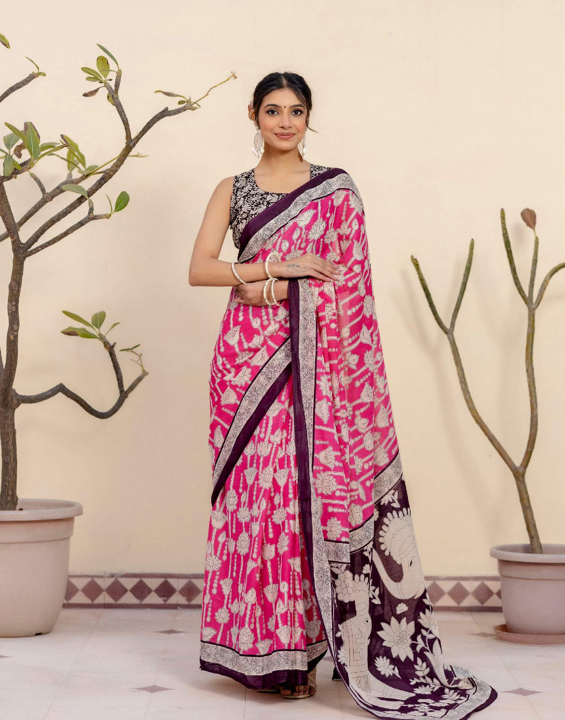 Ready To Wear Pink Cotton Printed Saree