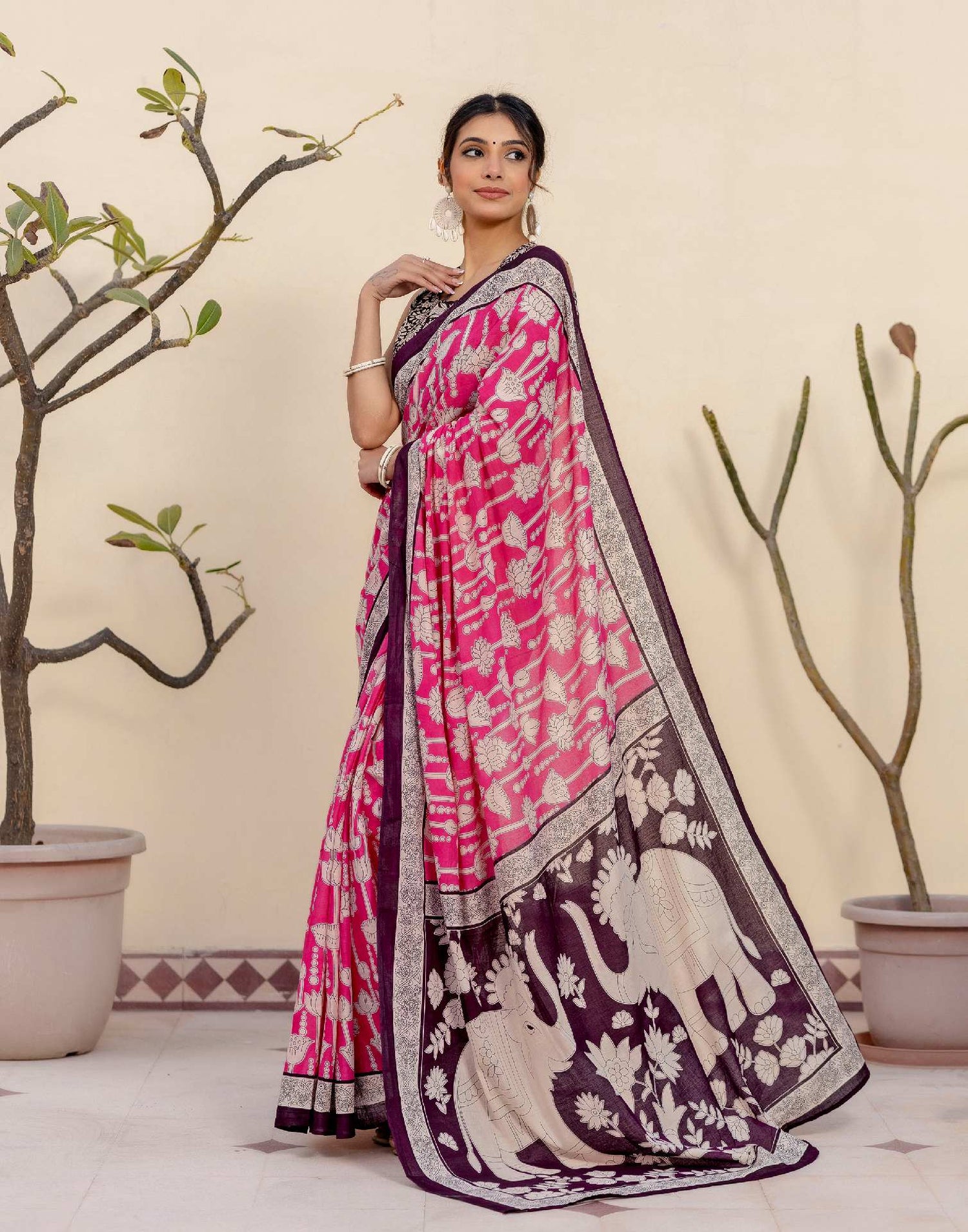 Ready To Wear Pink Cotton Printed Saree