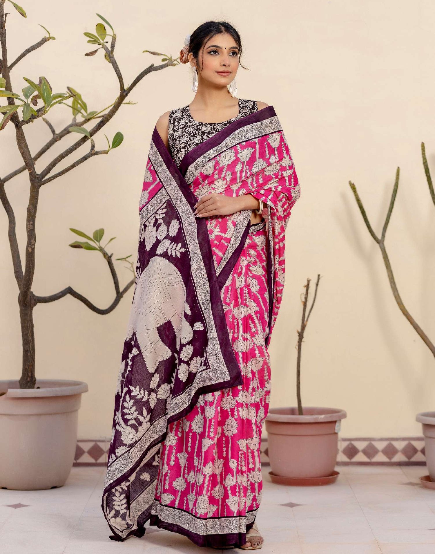 Ready To Wear Pink Cotton Printed Saree