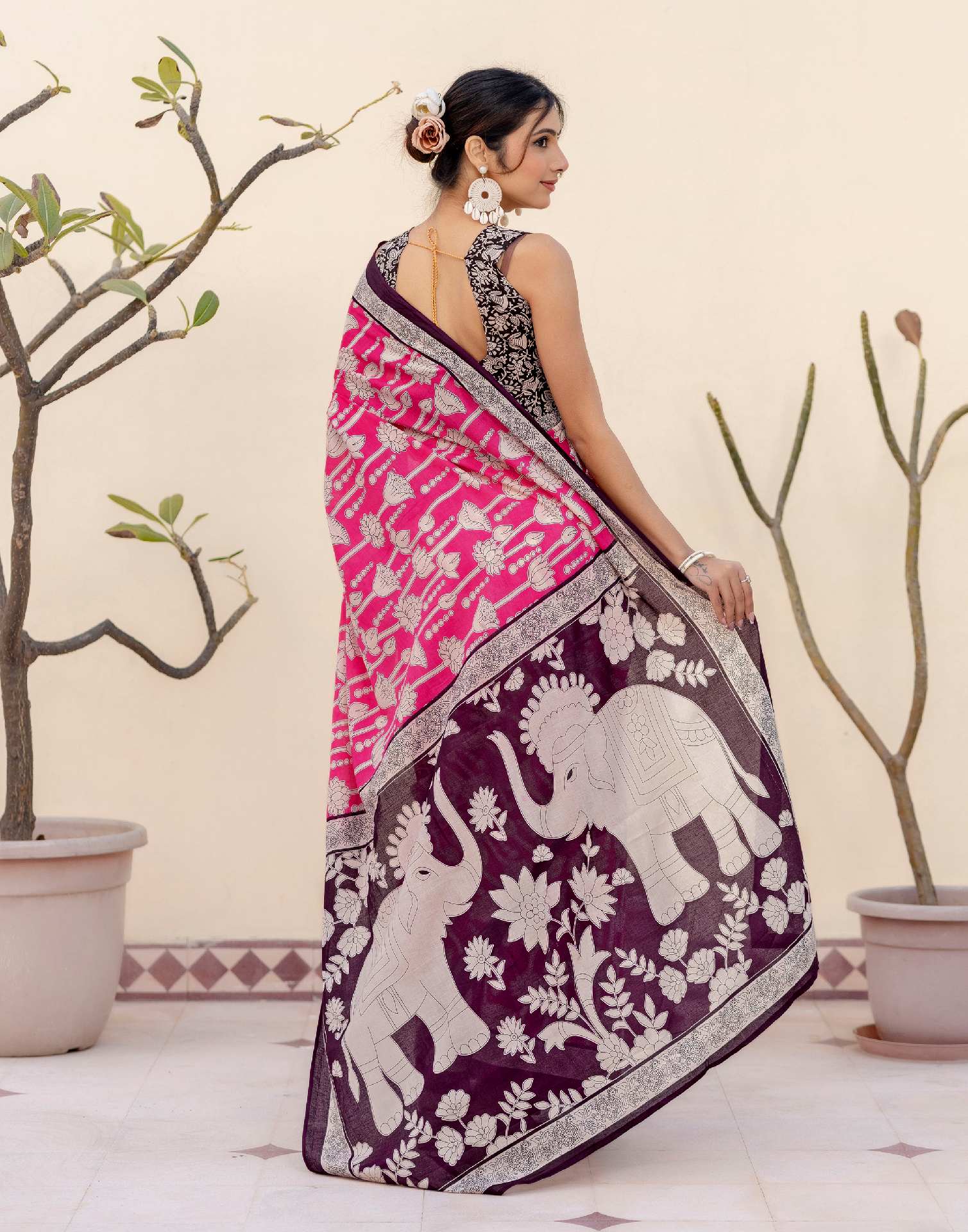 Ready To Wear Pink Cotton Printed Saree