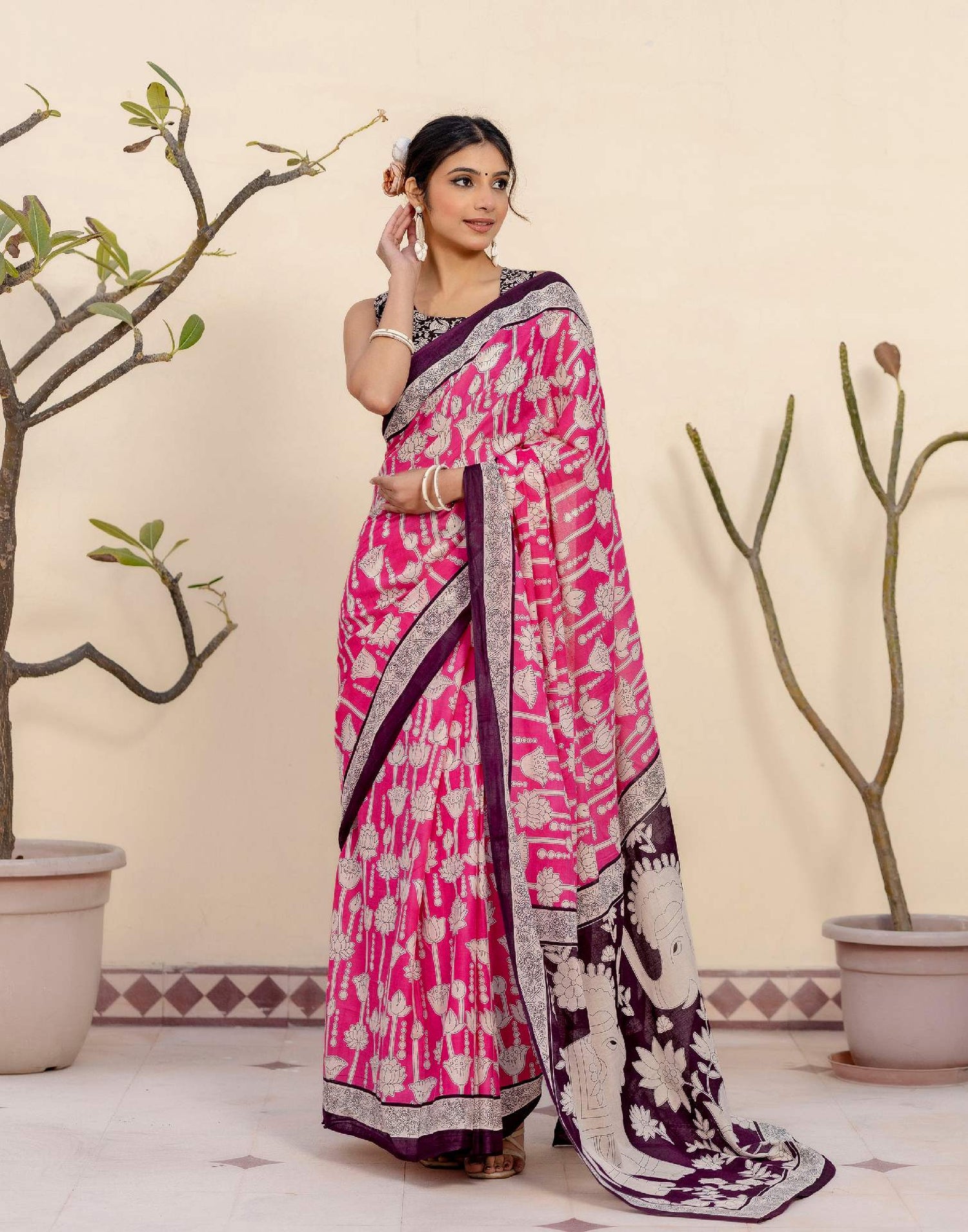 Ready To Wear Pink Cotton Printed Saree