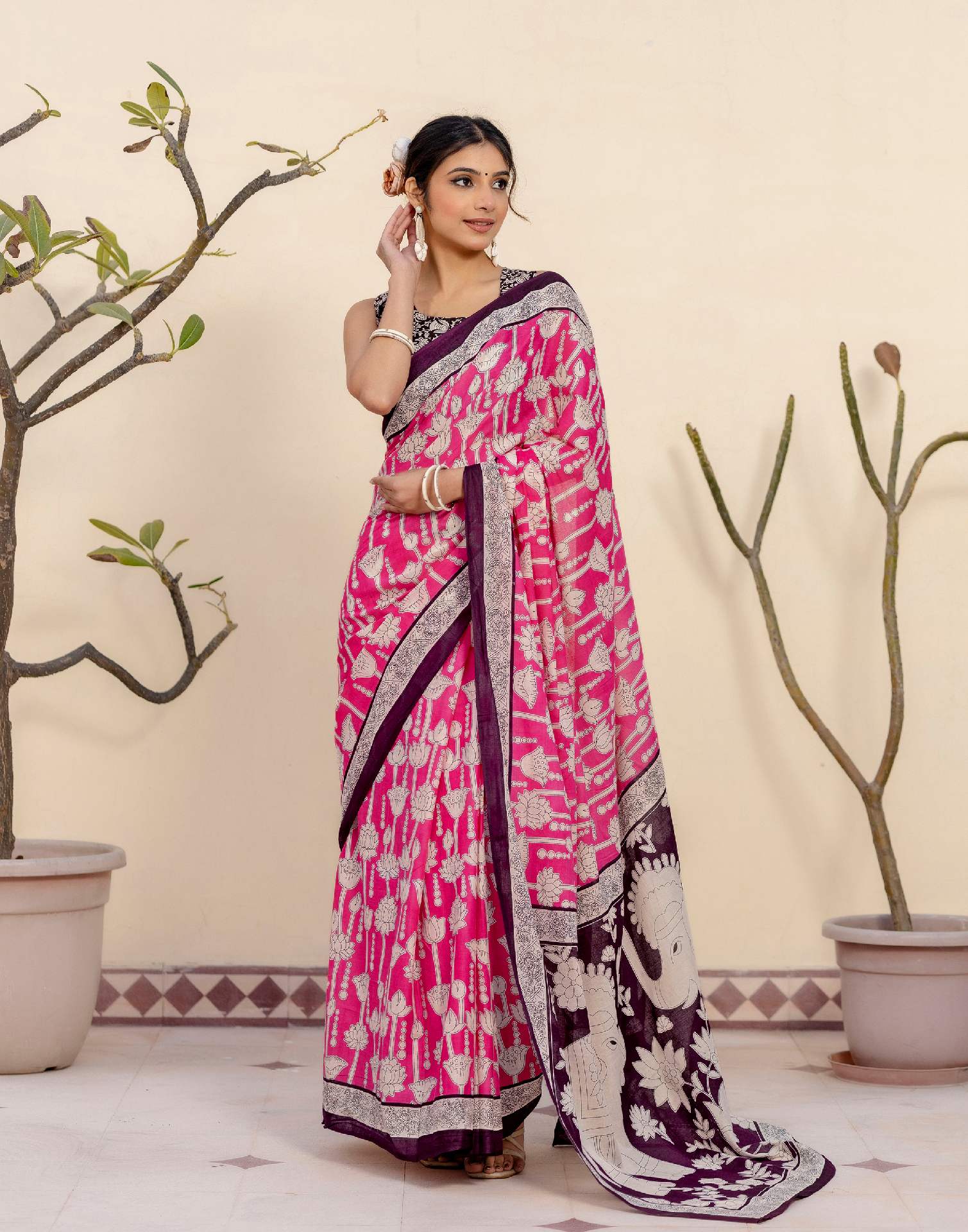 Ready To Wear Pink Cotton Printed Saree