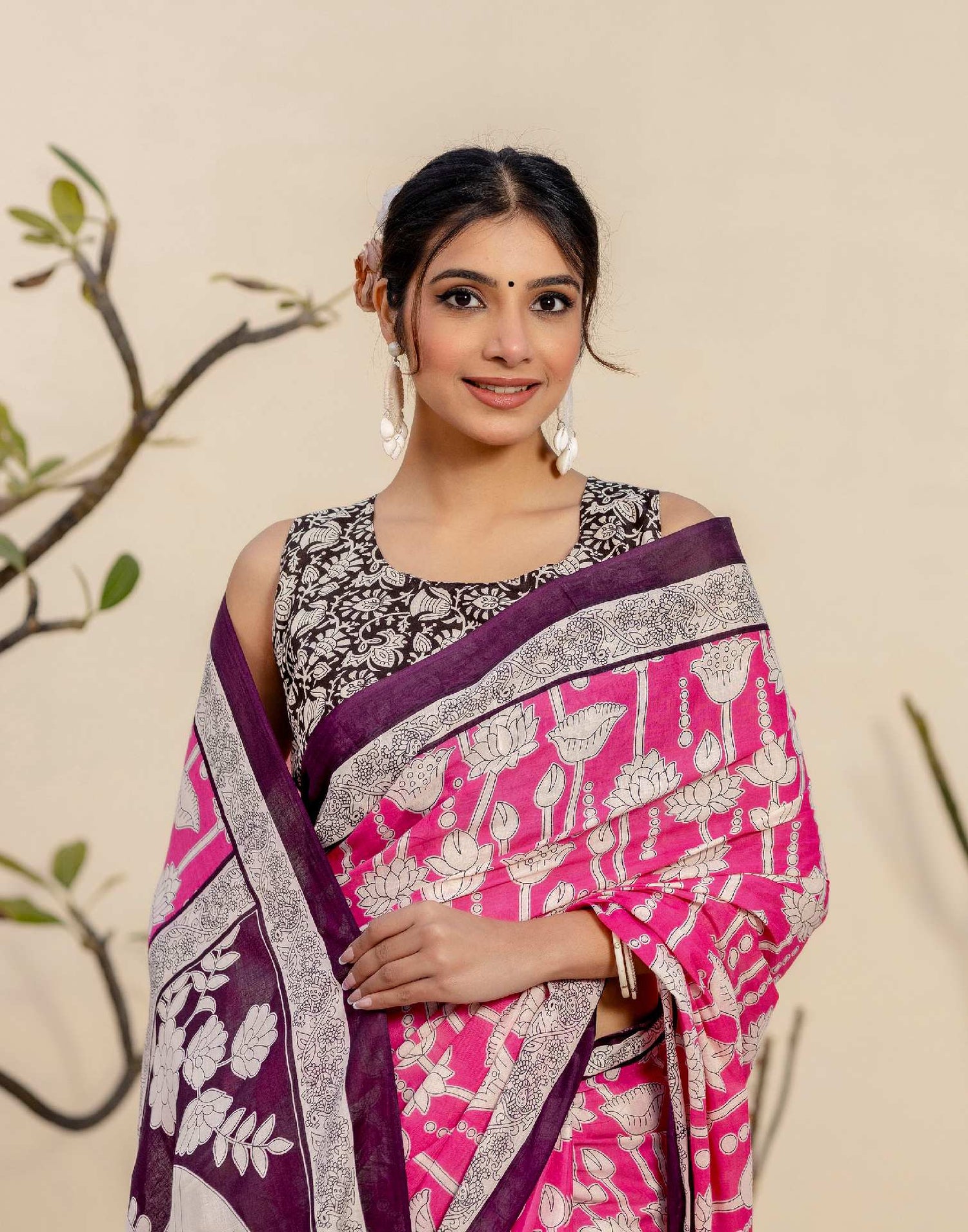 Ready To Wear Pink Cotton Printed Saree