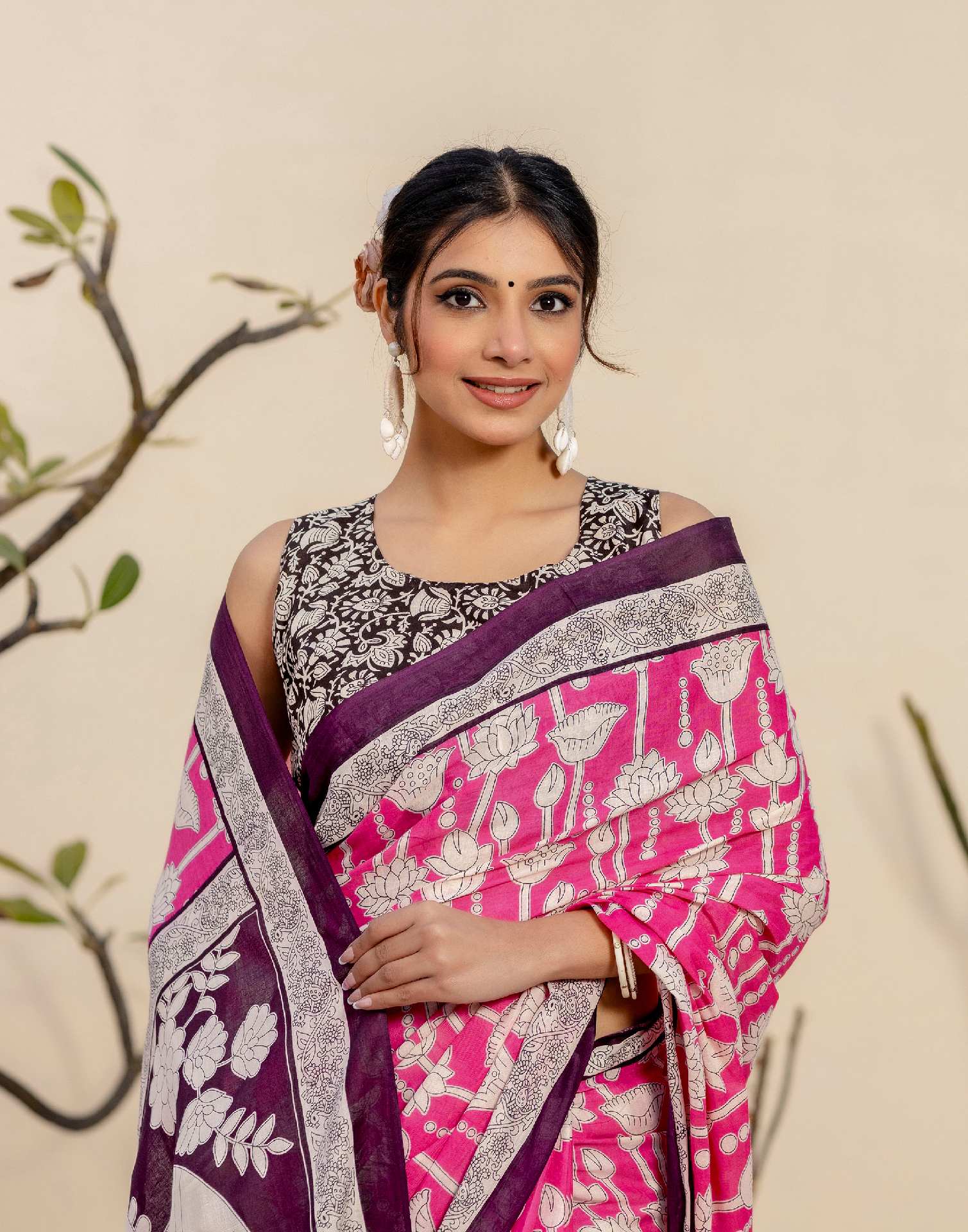 Ready To Wear Pink Cotton Printed Saree