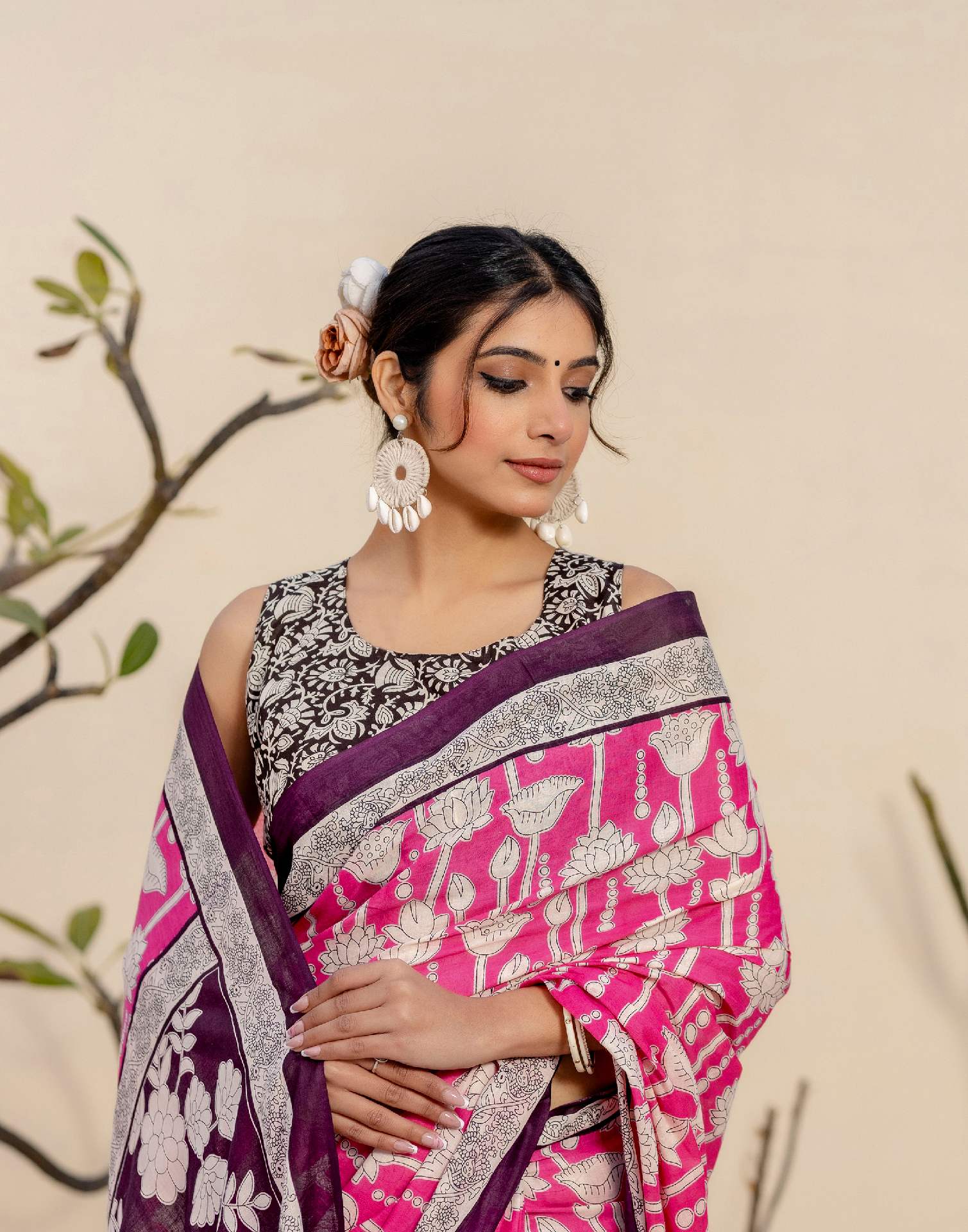 Ready To Wear Pink Cotton Printed Saree