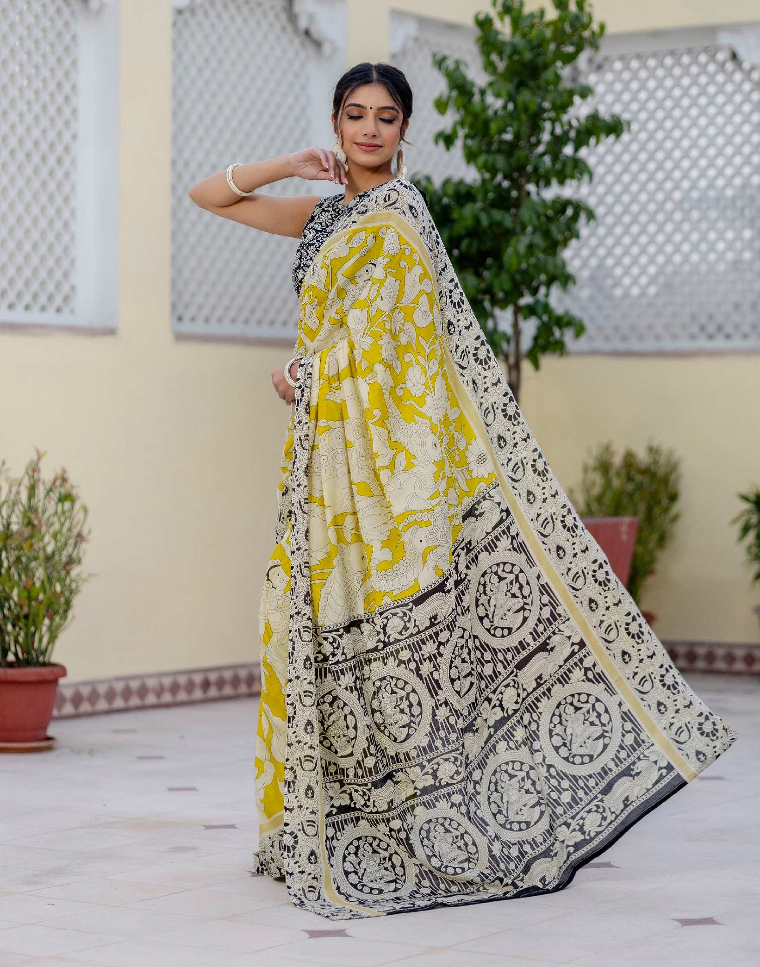 Ready To Wear Yellow Cotton Printed Saree