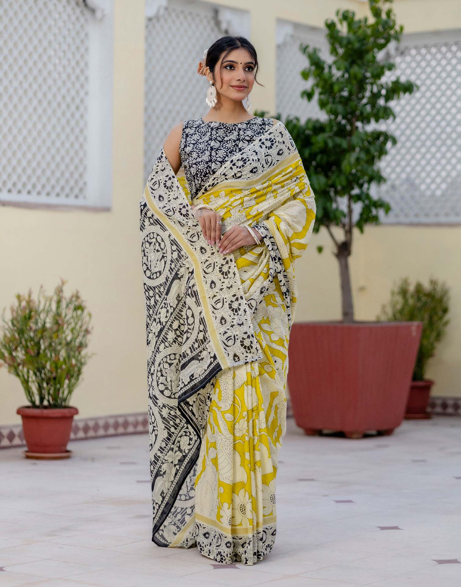 Ready To Wear Yellow Cotton Printed Saree