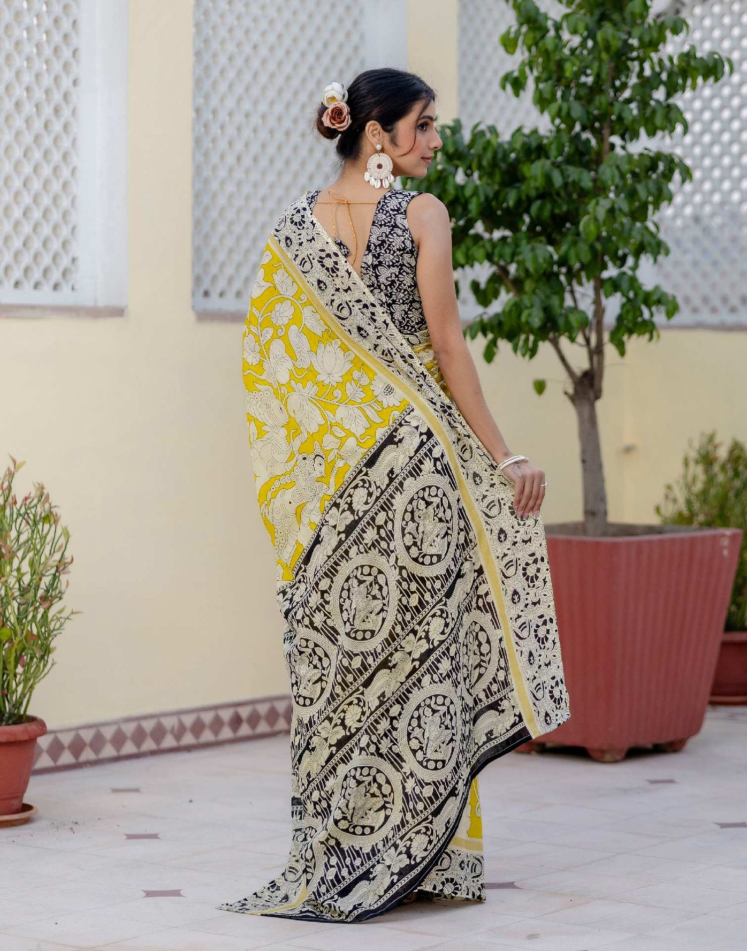Ready To Wear Yellow Cotton Printed Saree