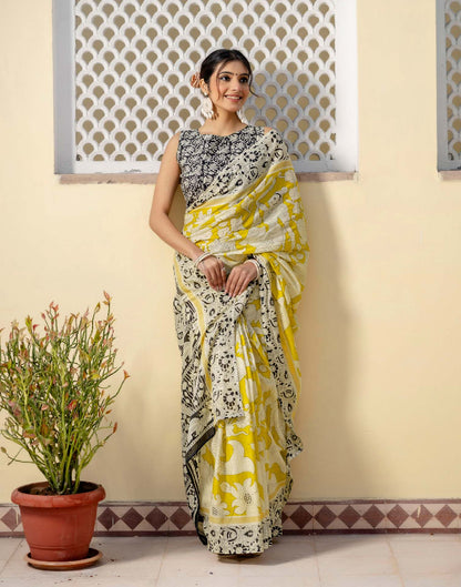 Ready To Wear Yellow Cotton Printed Saree
