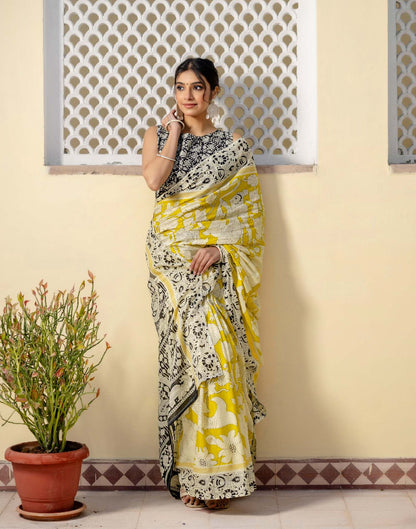 Ready To Wear Yellow Cotton Printed Saree