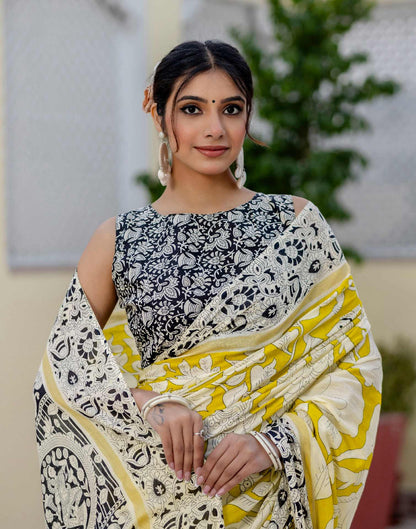 Ready To Wear Yellow Cotton Printed Saree