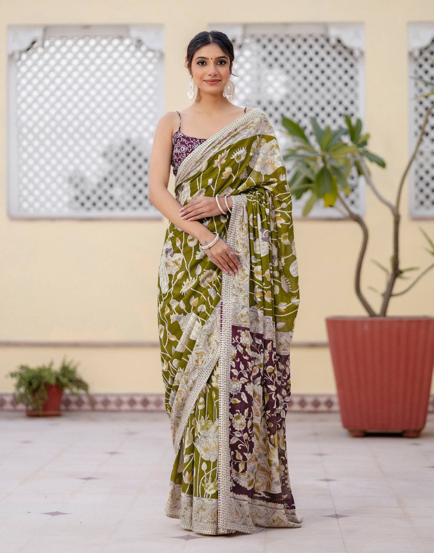 Ready To Wear Olive Green Cotton Printed Saree