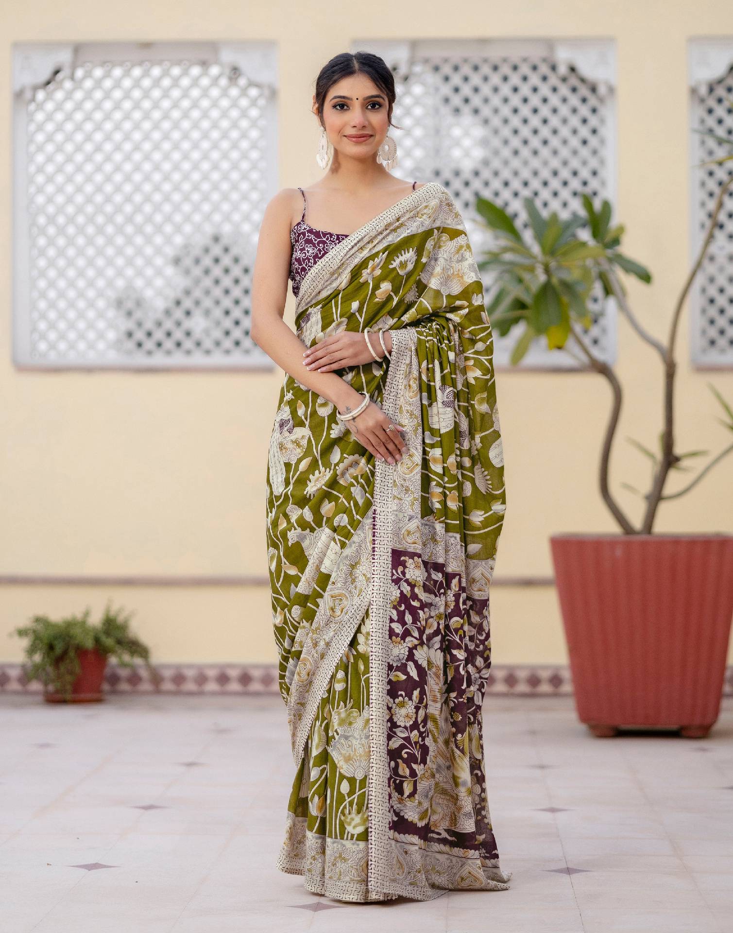 Ready To Wear Olive Green Cotton Printed Saree