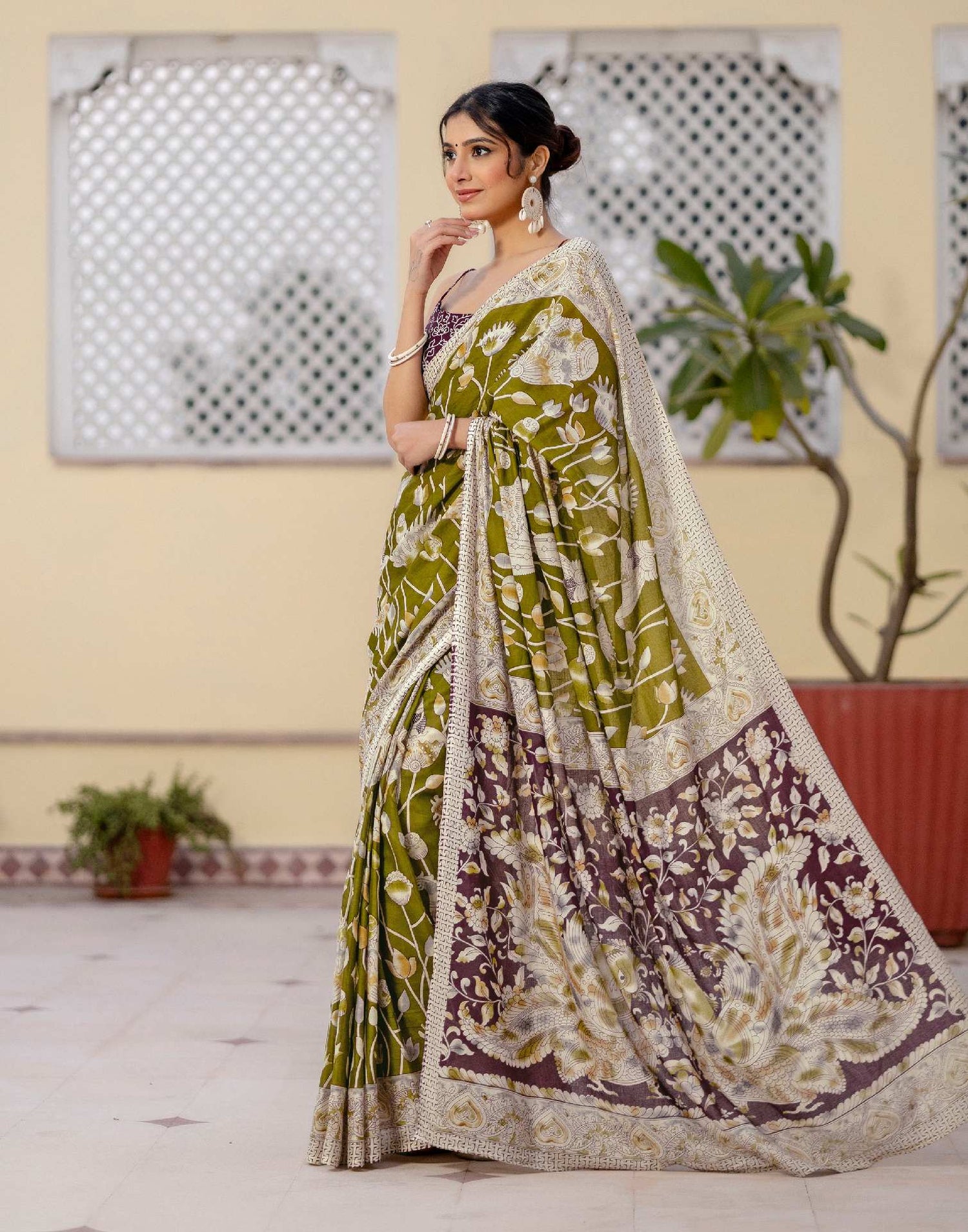 Ready To Wear Olive Green Cotton Printed Saree