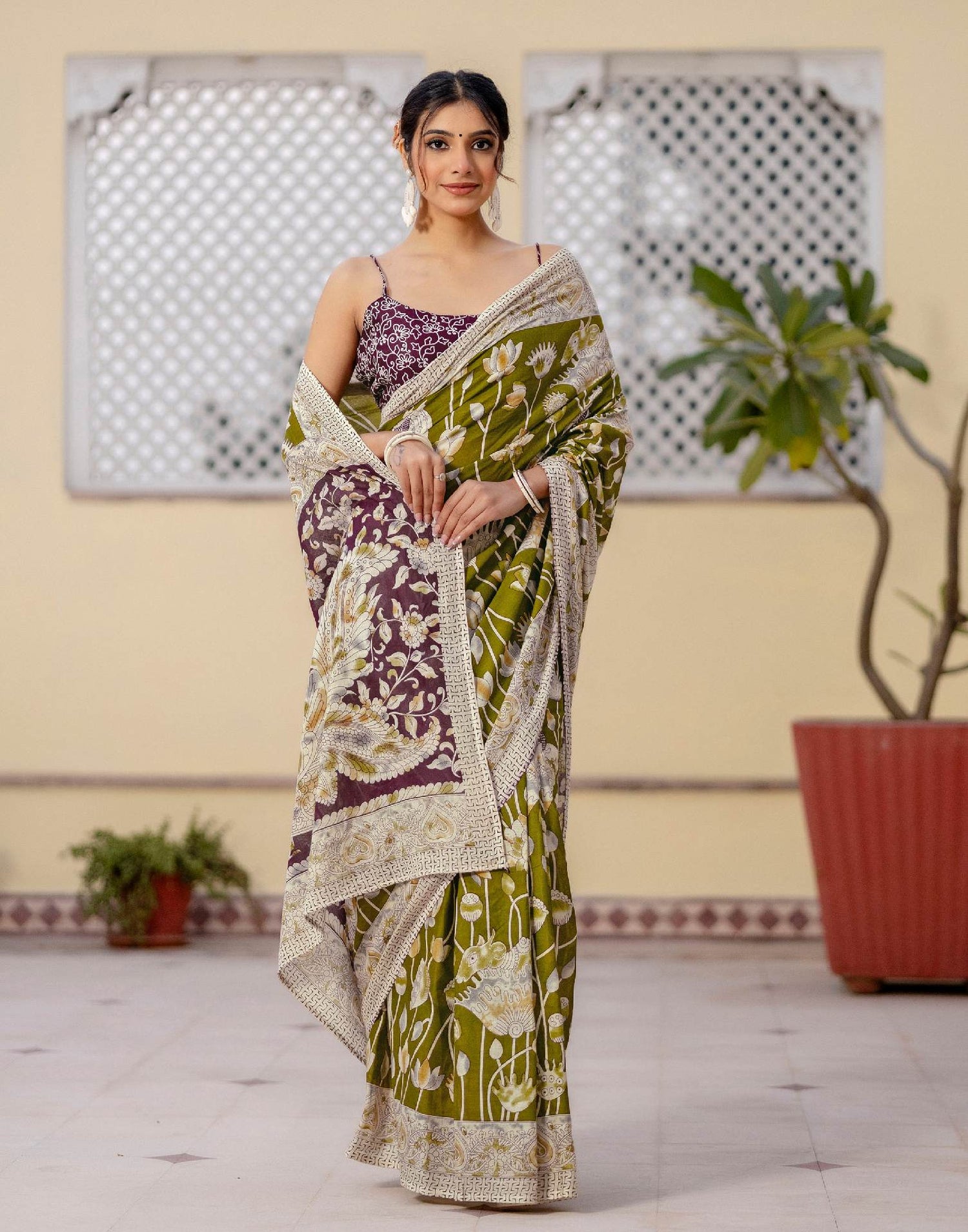 Ready To Wear Olive Green Cotton Printed Saree