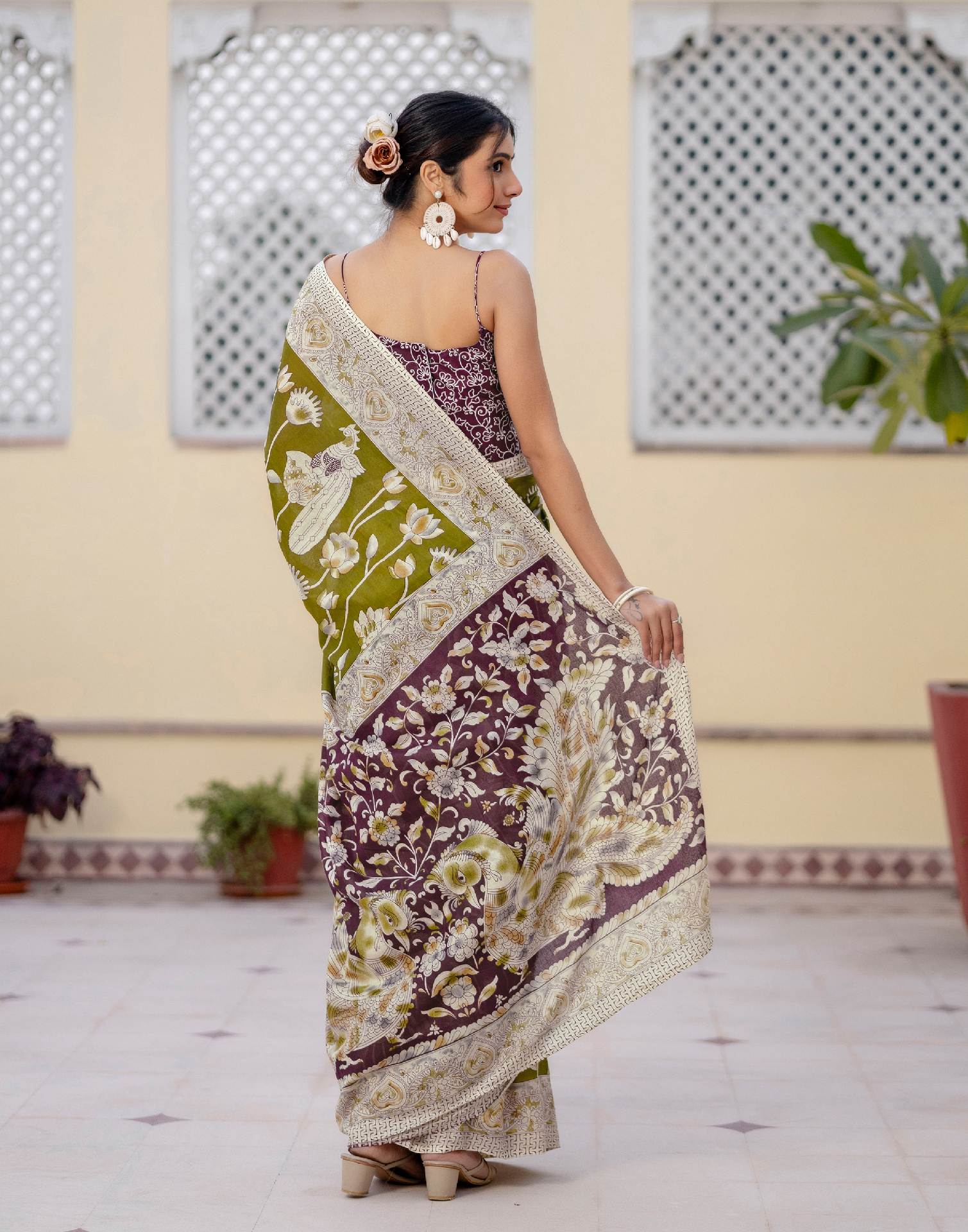Ready To Wear Olive Green Cotton Printed Saree