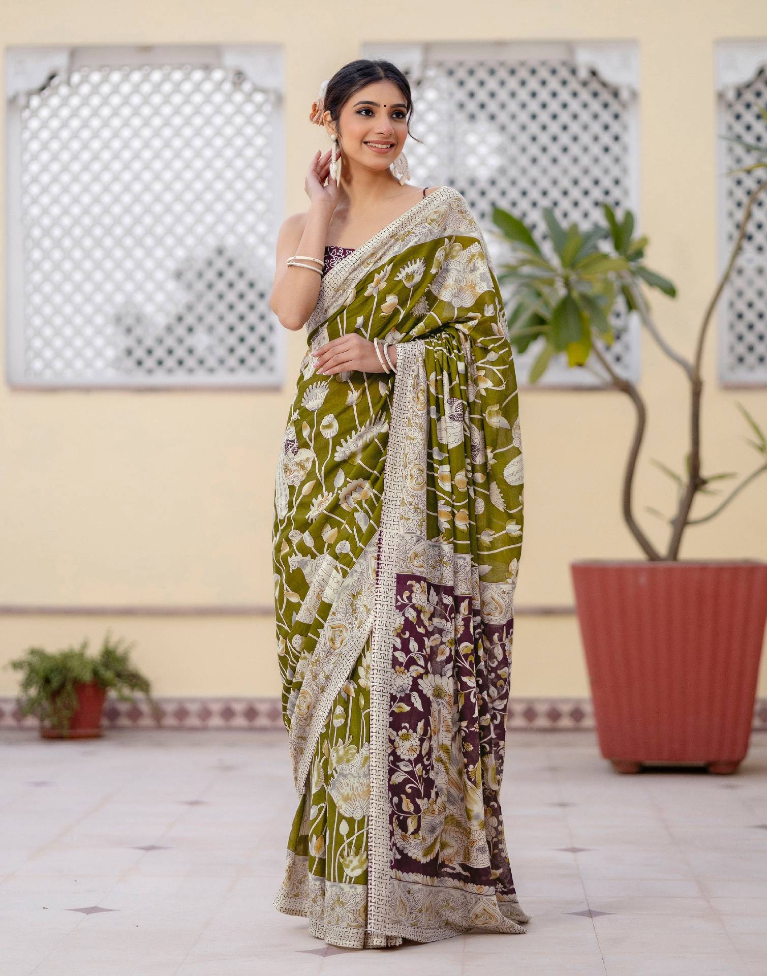 Ready To Wear Olive Green Cotton Printed Saree