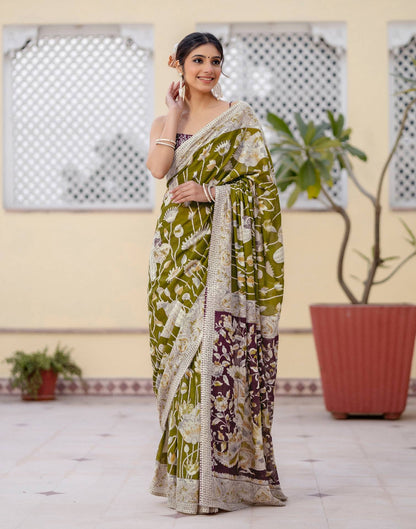 Ready To Wear Olive Green Cotton Printed Saree