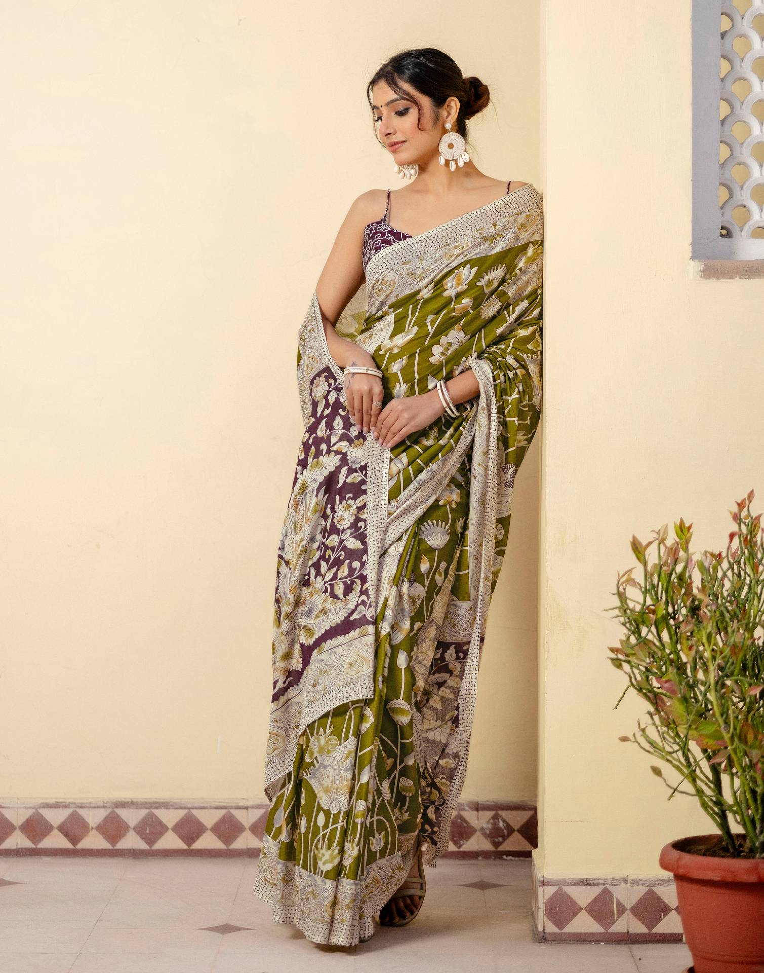 Ready To Wear Olive Green Cotton Printed Saree