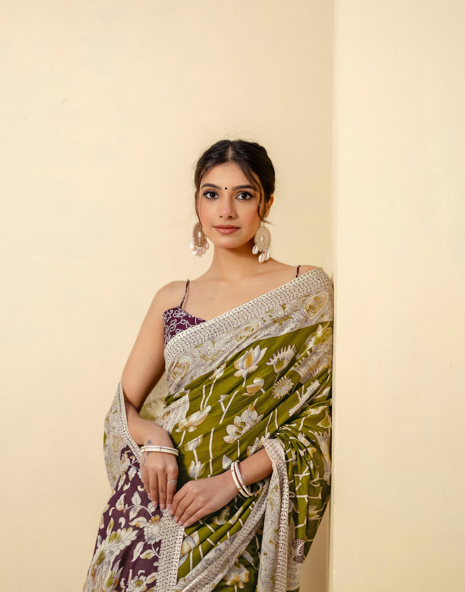 Ready To Wear Olive Green Cotton Printed Saree