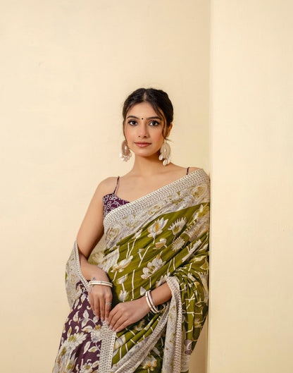Ready To Wear Olive Green Cotton Printed Saree