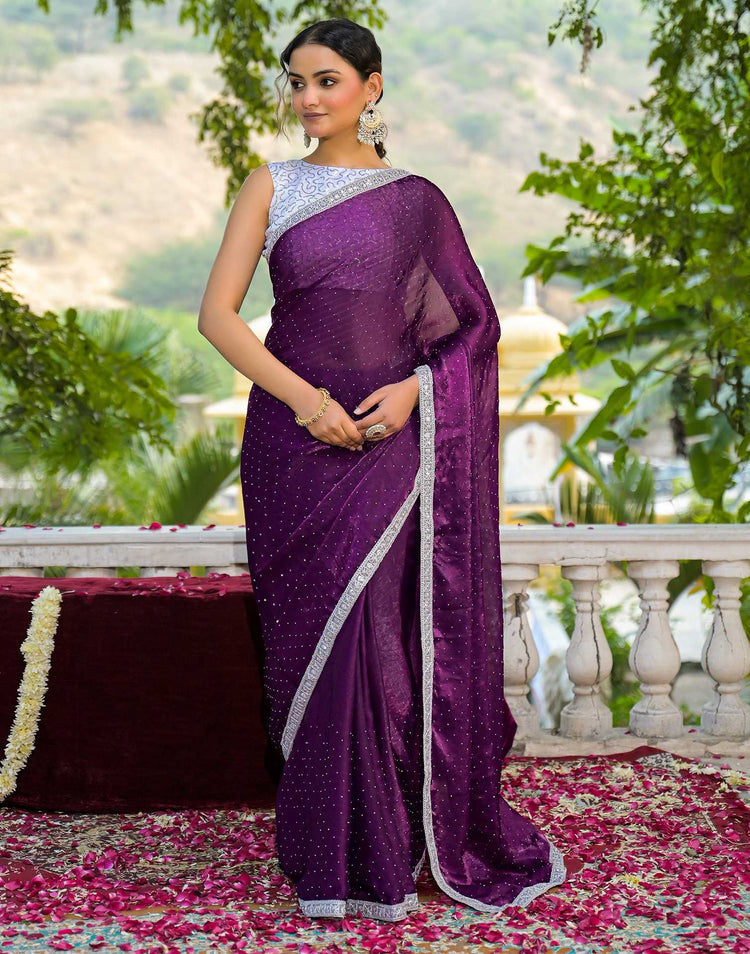 Dark Purple Shimmer Tissue Stone Work Swarovski Saree