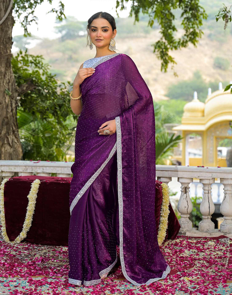Dark Purple Shimmer Tissue Stone Work Swarovski Saree