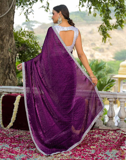 Dark Purple Shimmer Tissue Stone Work Swarovski Saree