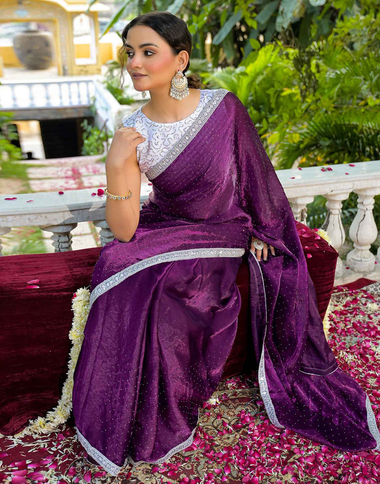 Dark Purple Shimmer Tissue Stone Work Swarovski Saree