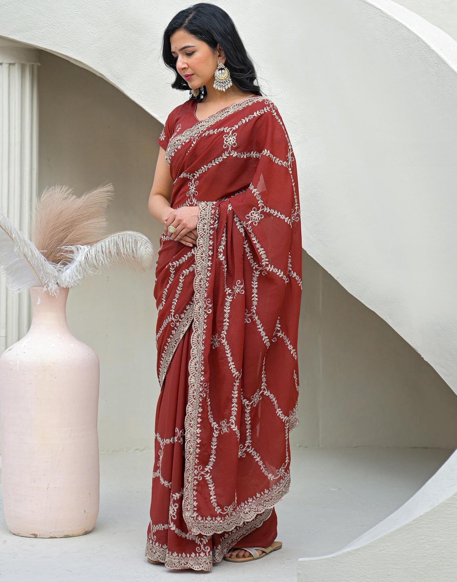 Dusty Orange Shimmer Embroidery Saree