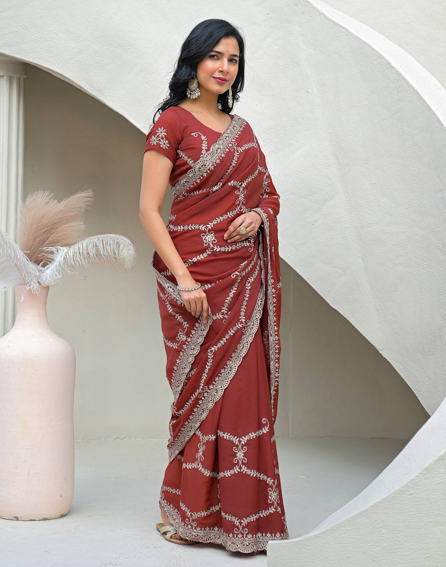 Dusty Orange Shimmer Embroidery Saree