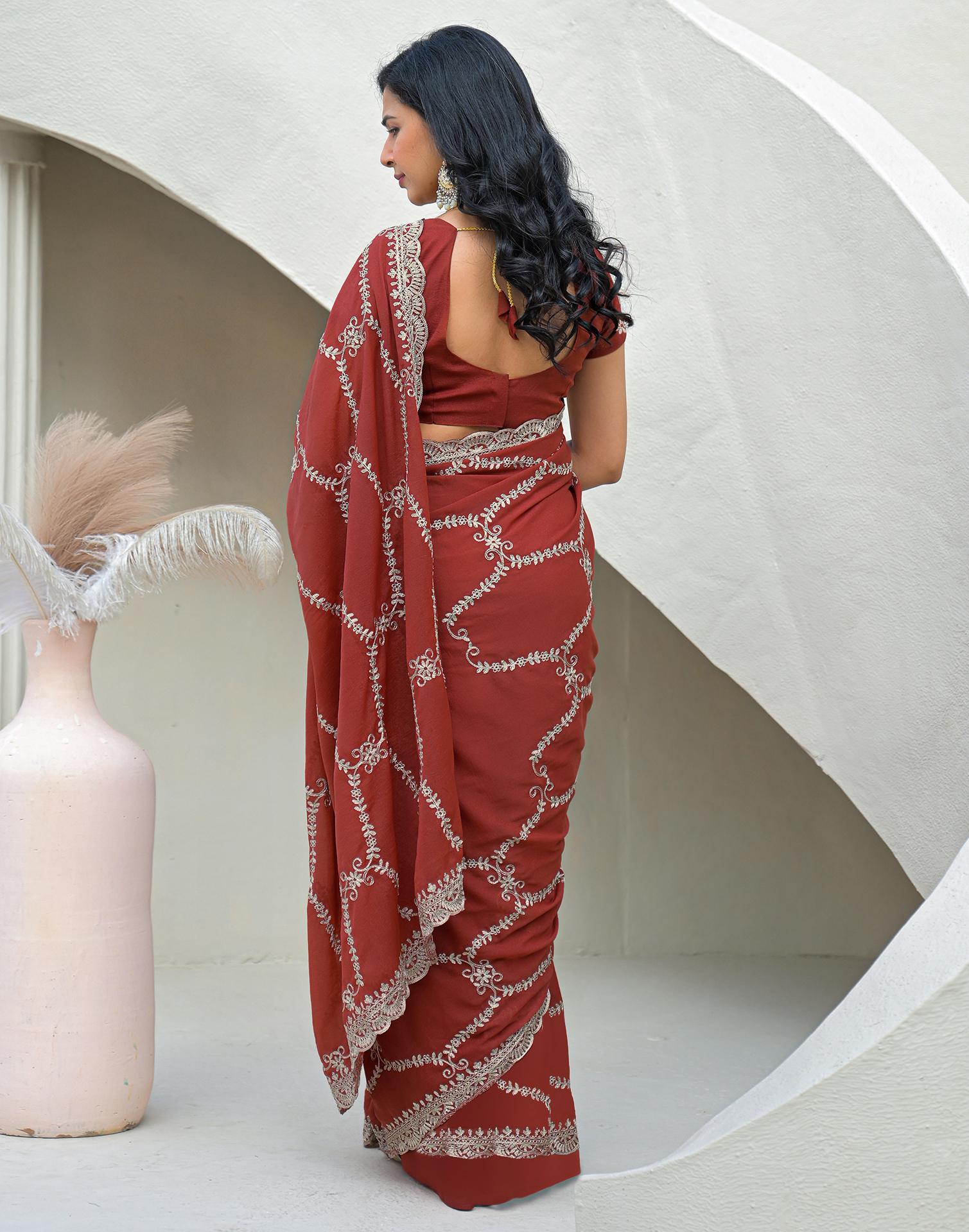 Dusty Orange Shimmer Embroidery Saree