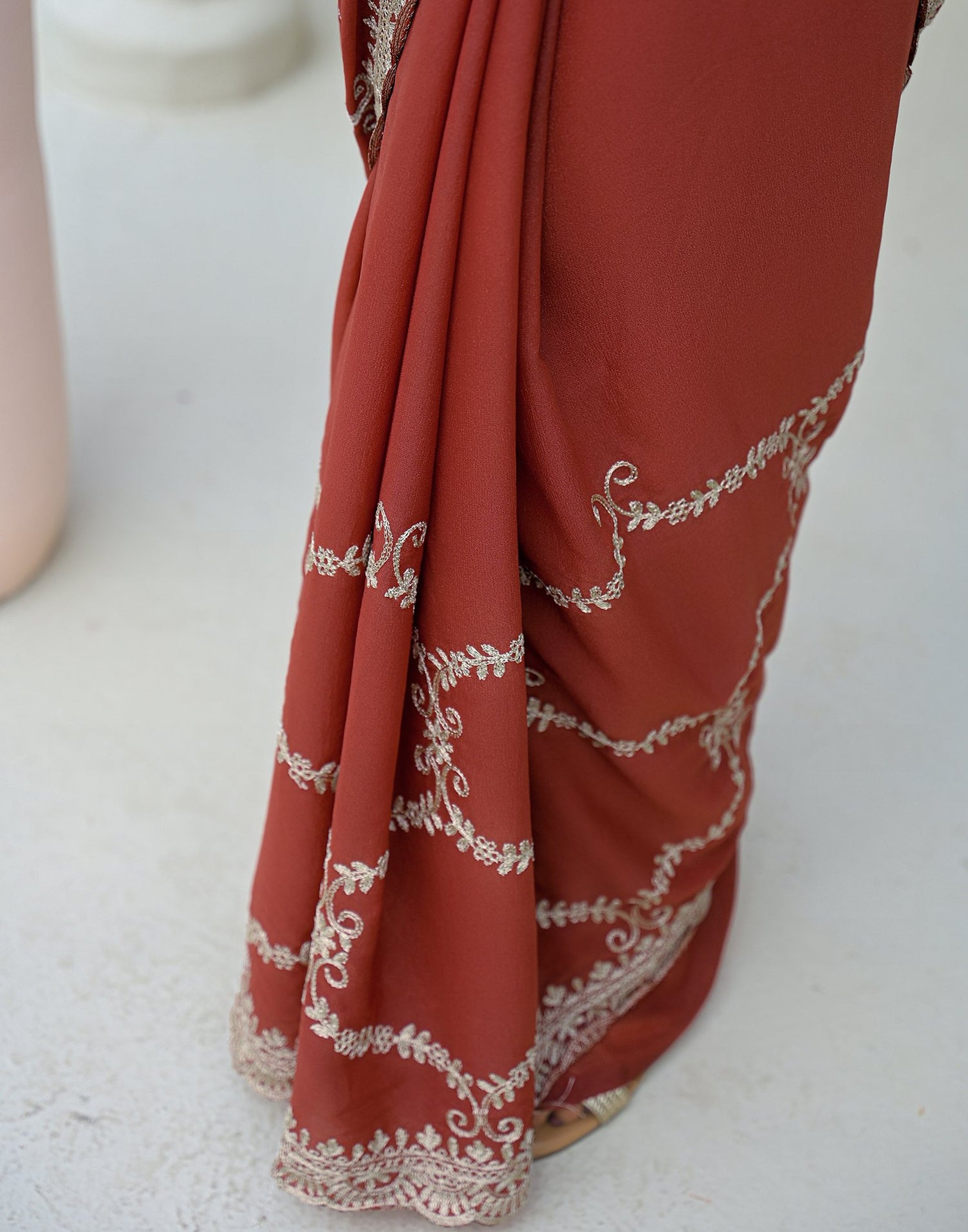 Dusty Orange Shimmer Embroidery Saree