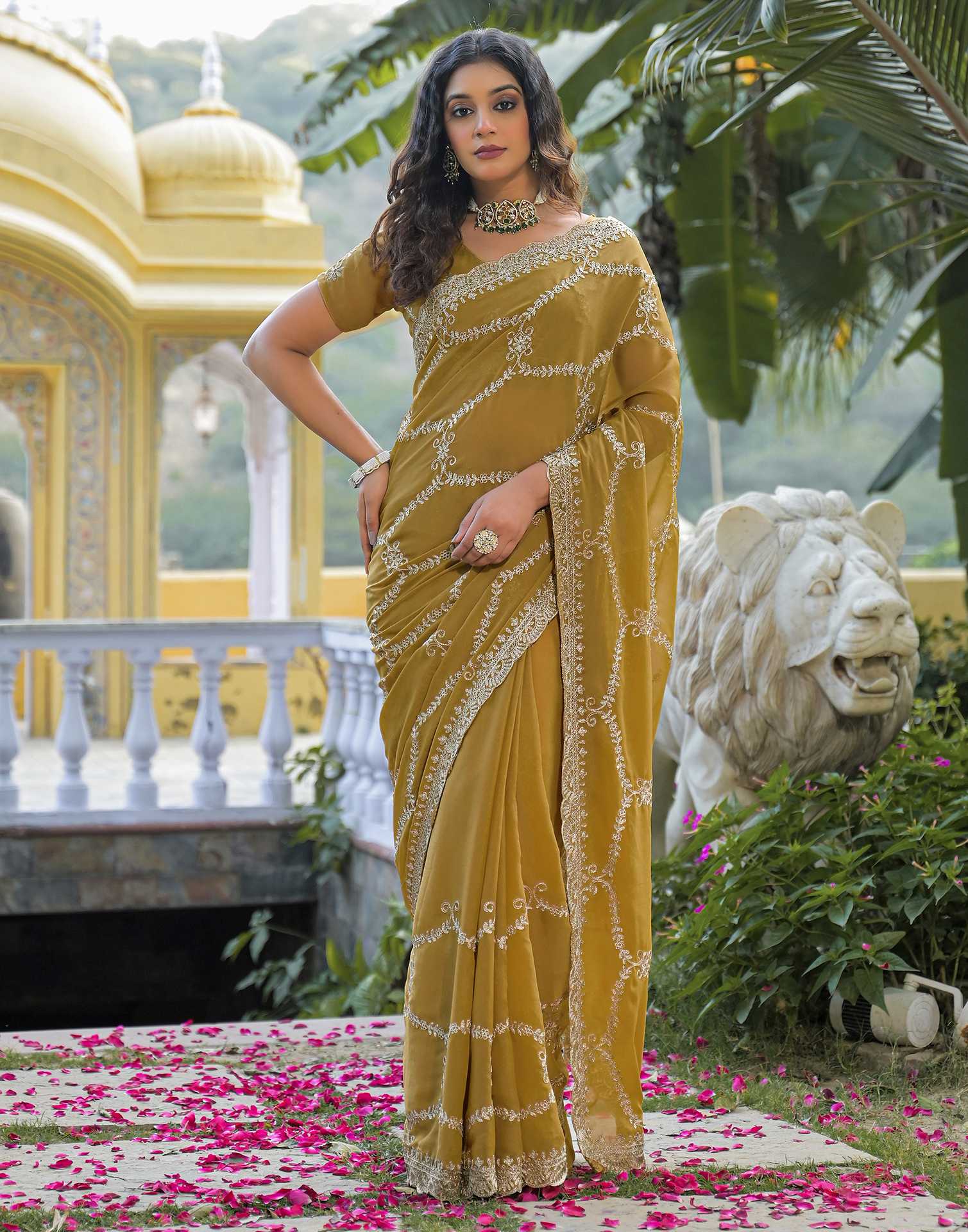 Mustard Green Shimmer Embroidery Saree