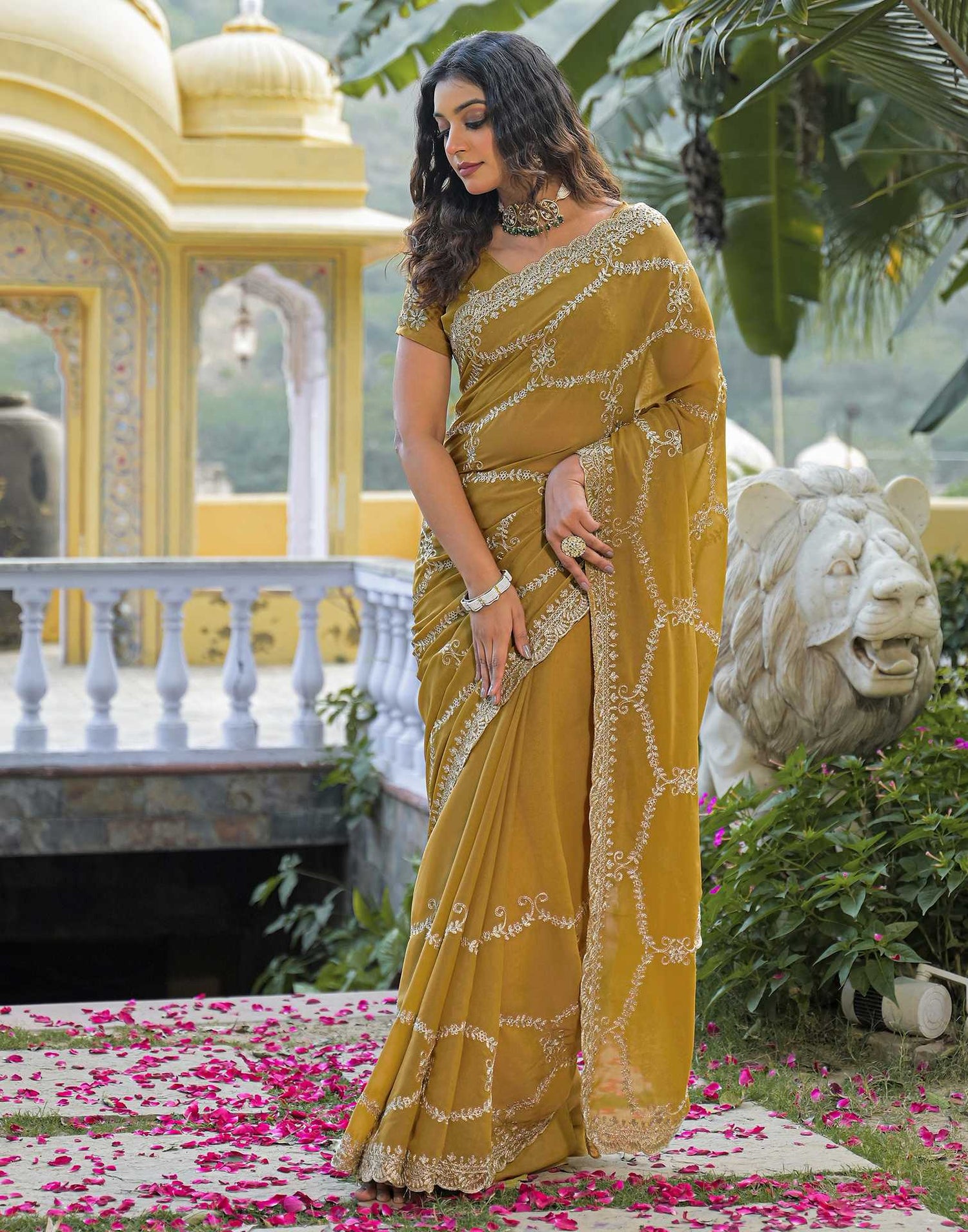 Mustard Green Shimmer Embroidery Saree