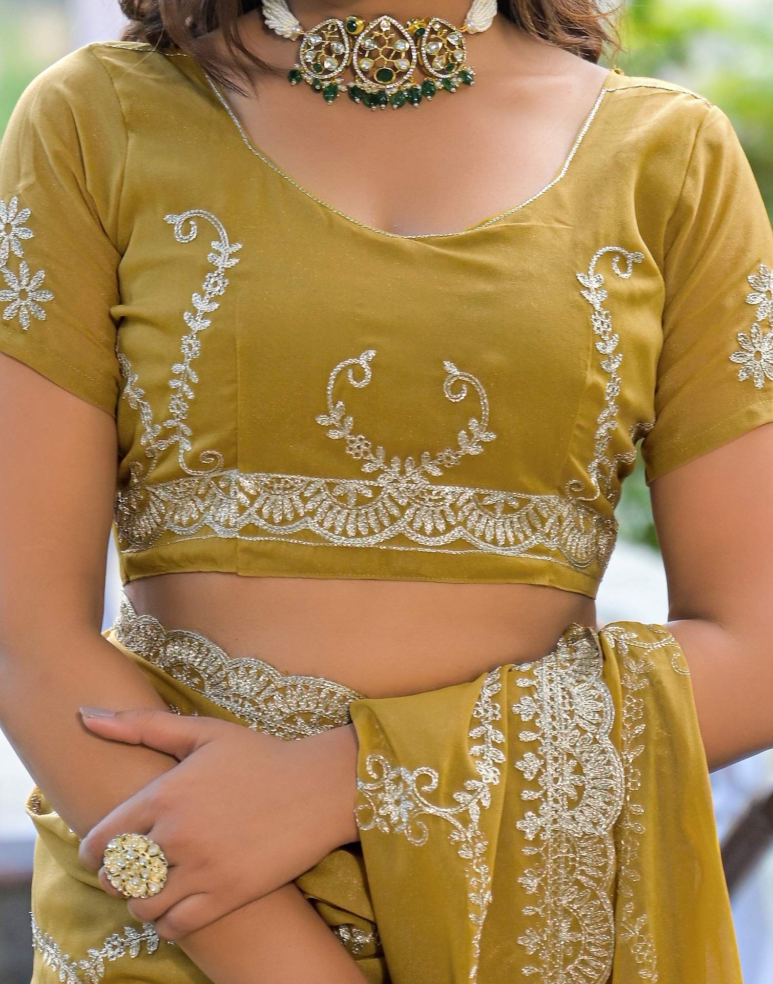 Mustard Green Shimmer Embroidery Saree