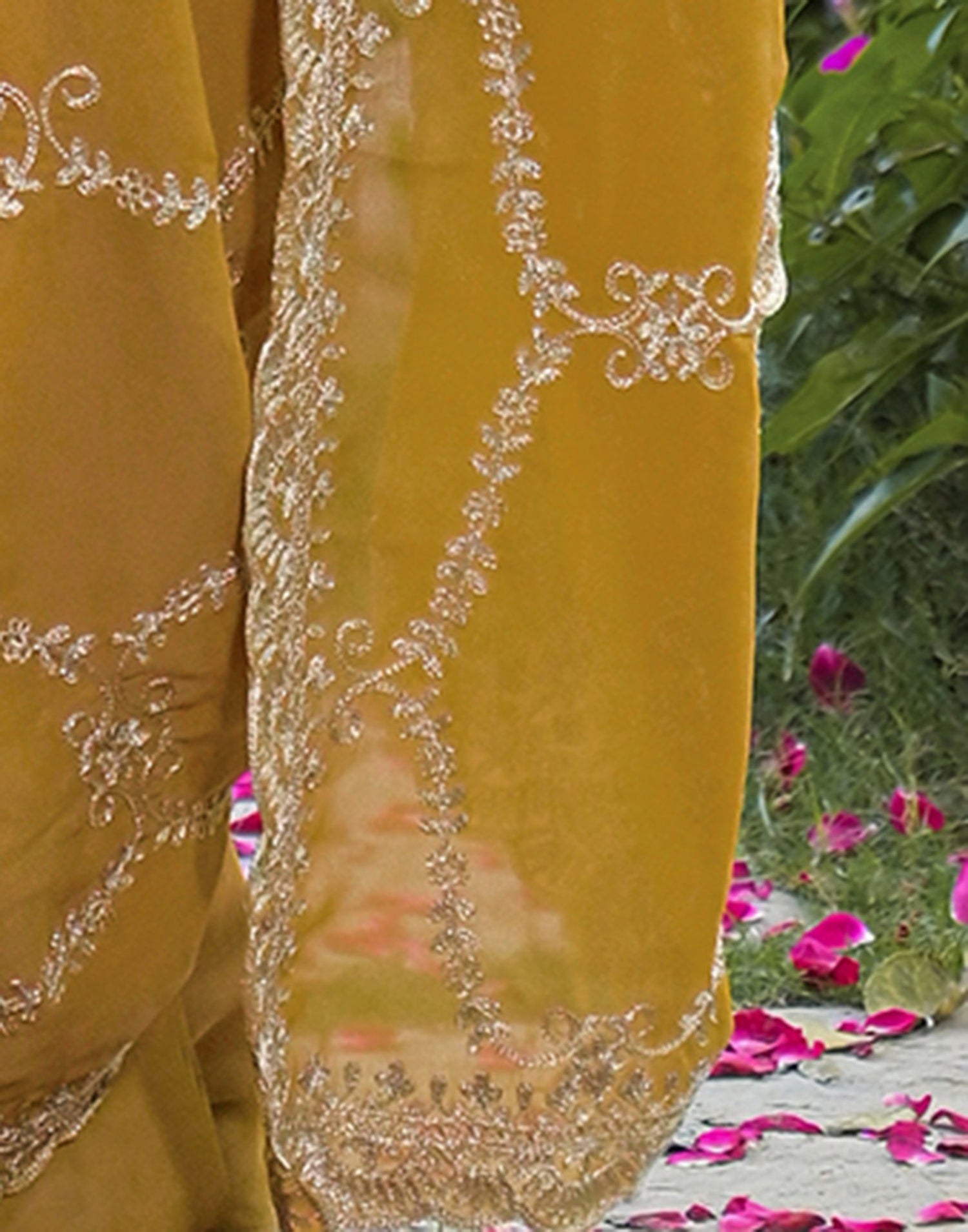 Mustard Green Shimmer Embroidery Saree