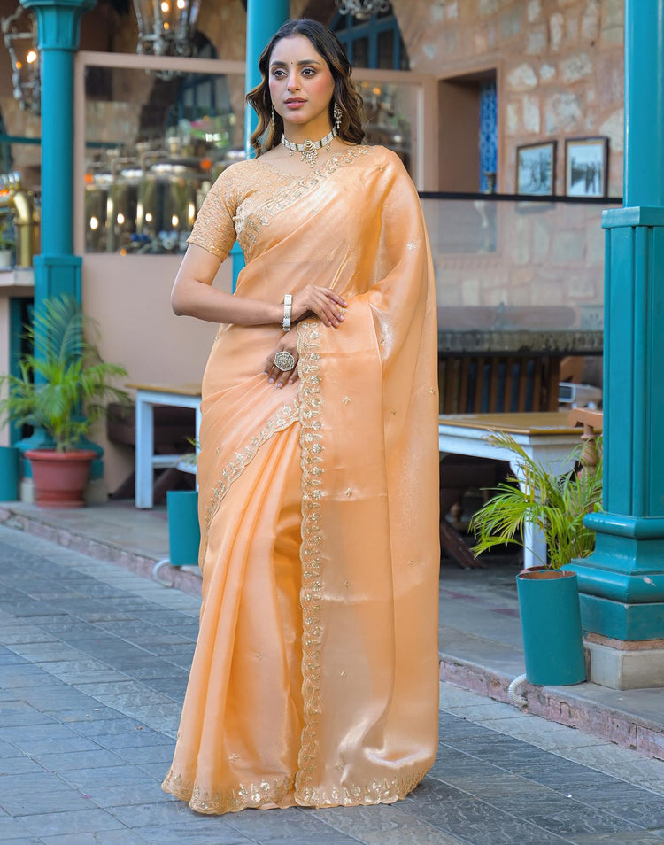 Dusty Peach Shimmer Tissue Sequence Embroidery Saree
