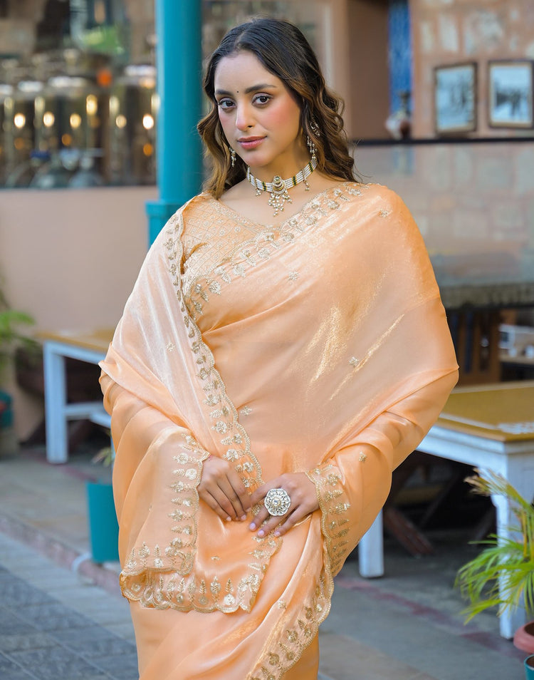 Dusty Peach Shimmer Tissue Sequence Embroidery Saree