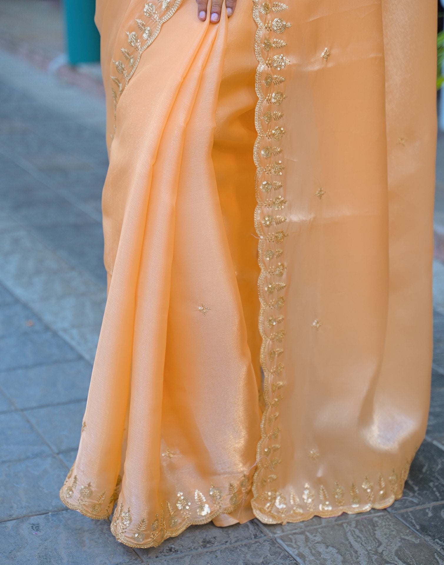 Dusty Peach Shimmer Tissue Sequence Embroidery Saree