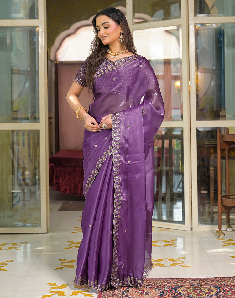 Lavender Shimmer Tissue Sequence Embroidery Saree