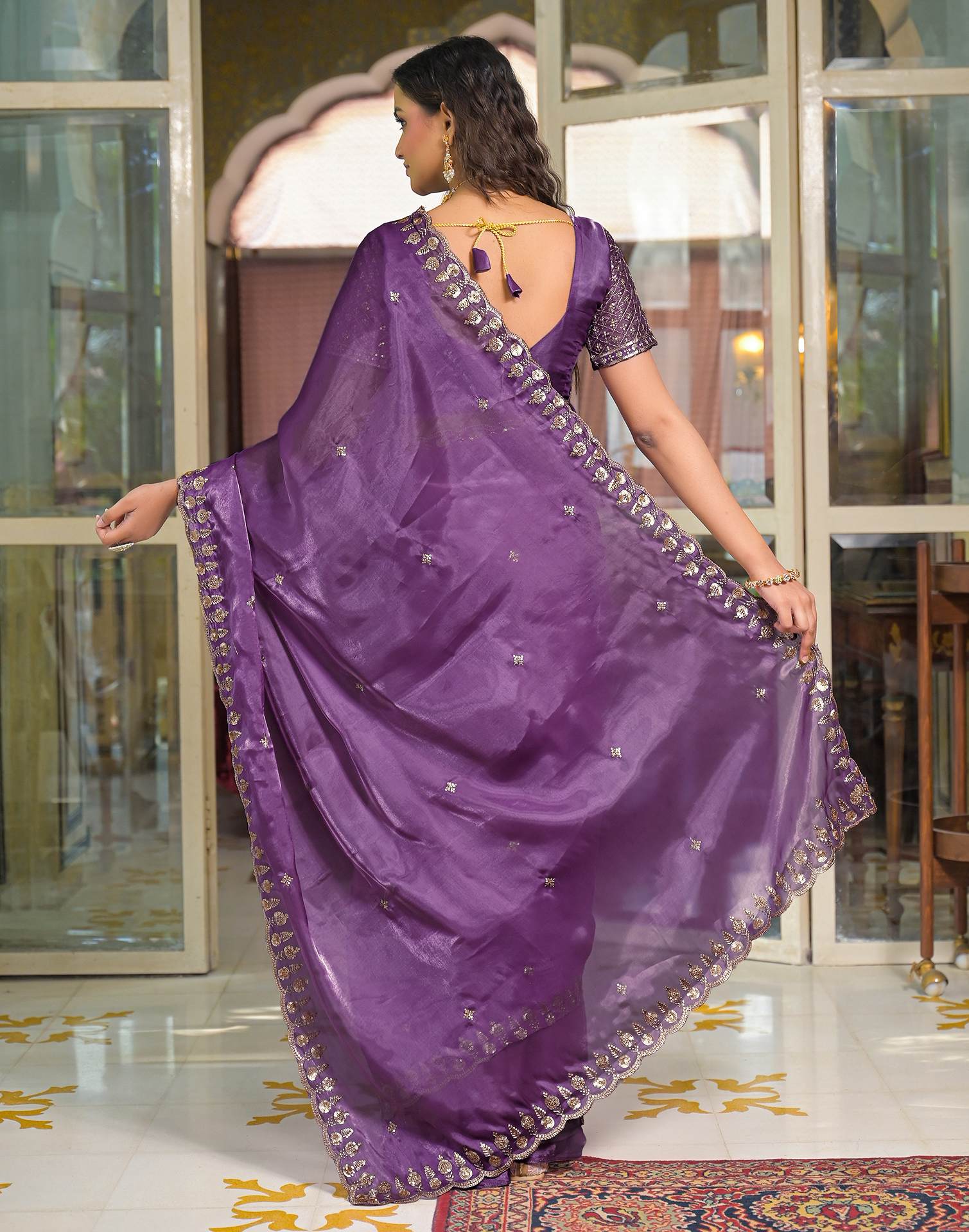 Lavender Shimmer Tissue Sequence Embroidery Saree