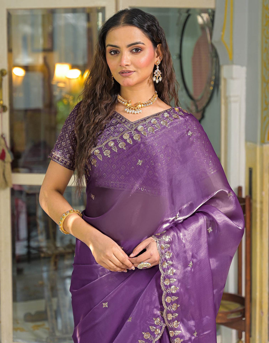 Lavender Shimmer Tissue Sequence Embroidery Saree