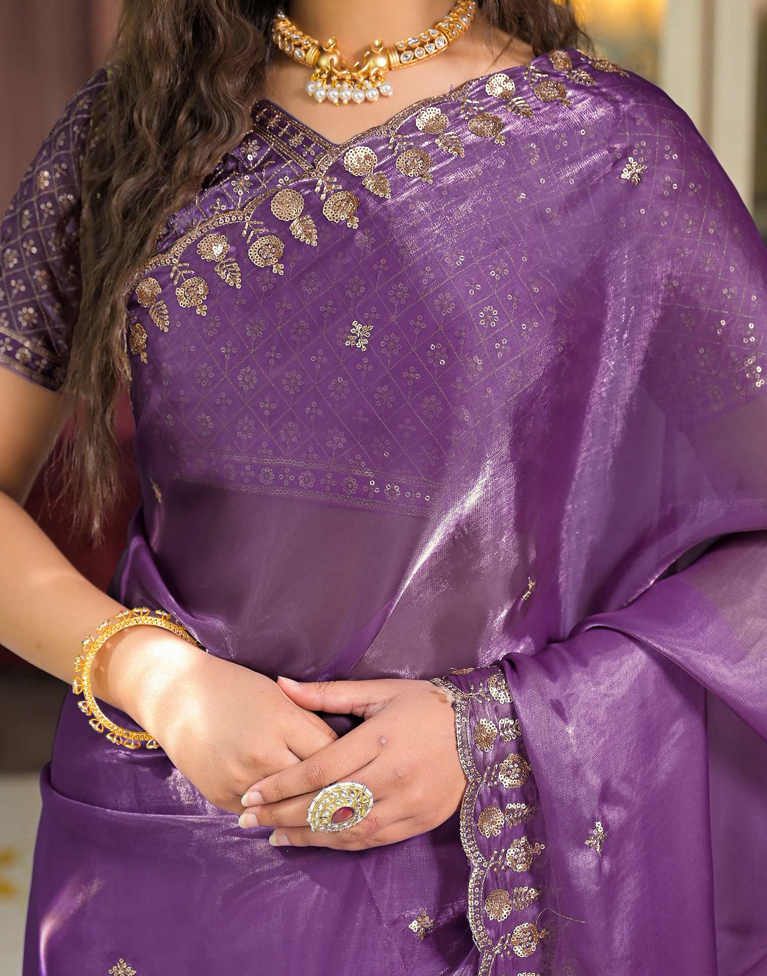 Lavender Shimmer Tissue Sequence Embroidery Saree