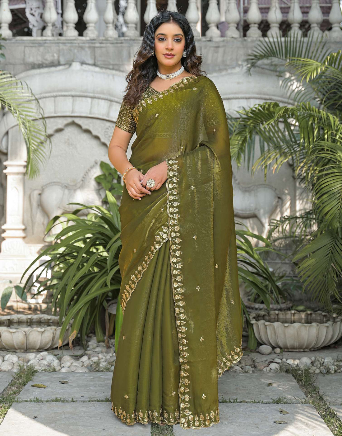 Mehandi Green Shimmer Tissue Sequence Embroidery Saree