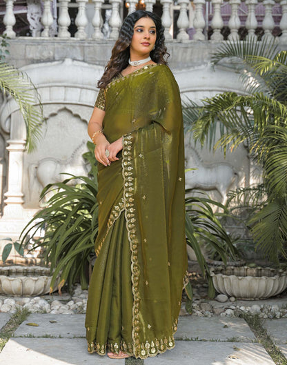 Mehandi Green Shimmer Tissue Sequence Embroidery Saree