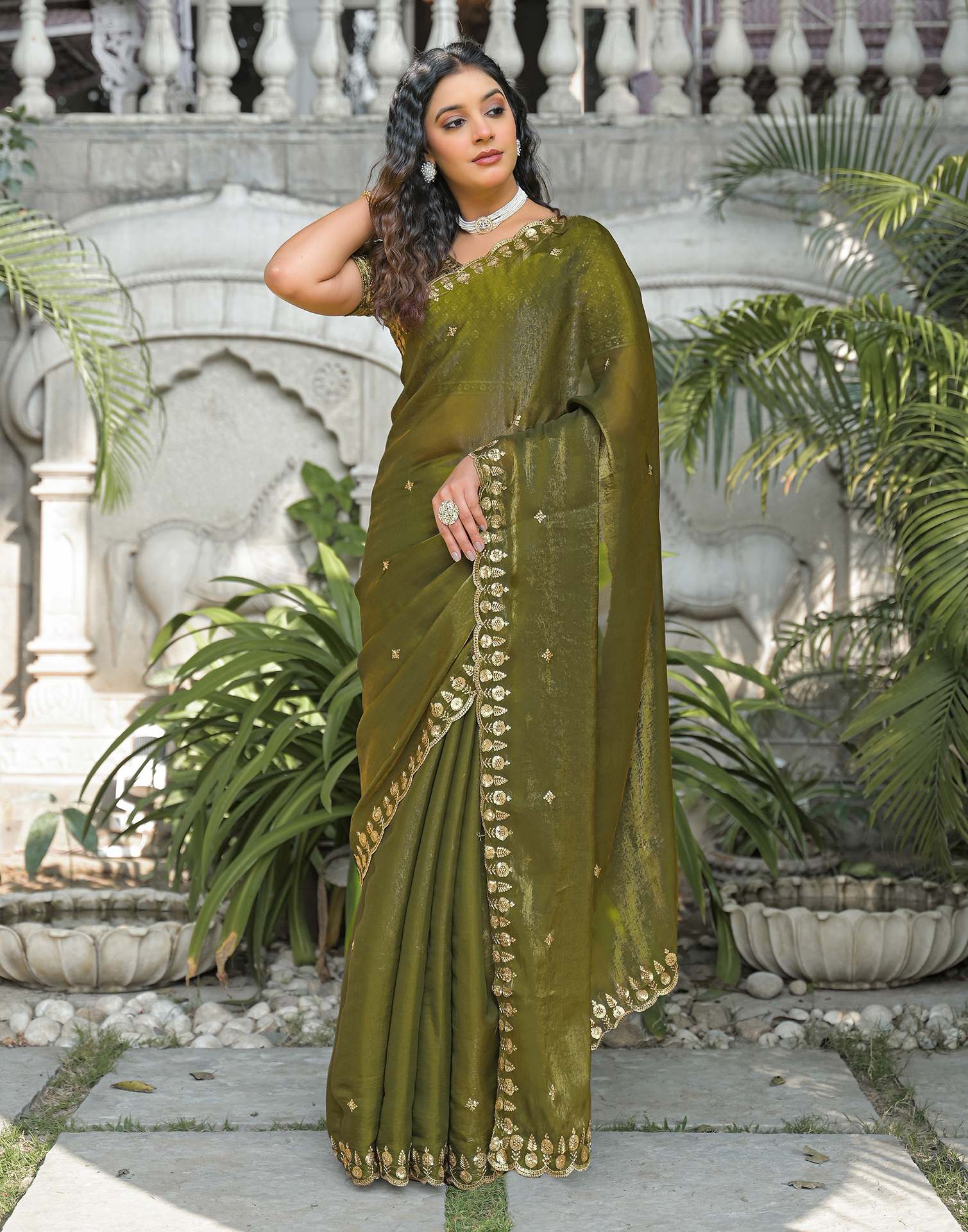 Mehandi Green Shimmer Tissue Sequence Embroidery Saree