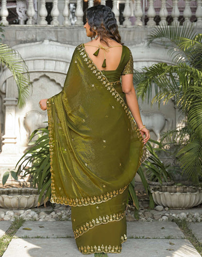 Mehandi Green Shimmer Tissue Sequence Embroidery Saree