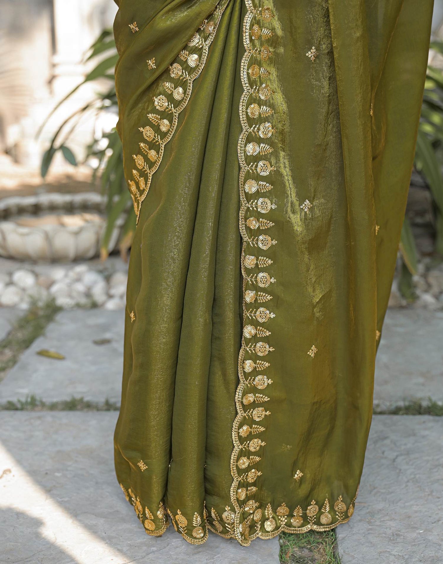 Mehandi Green Shimmer Tissue Sequence Embroidery Saree